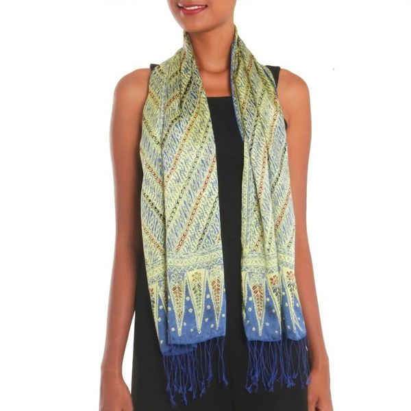 Alternate image for Batik Silk Scarf with Parang Motifs in Chartreuse from Bali Parang Majesty
