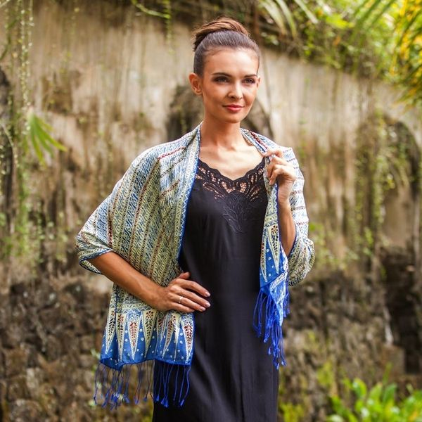 Alternate image for Batik Silk Scarf with Parang Motifs in Chartreuse from Bali Parang Majesty