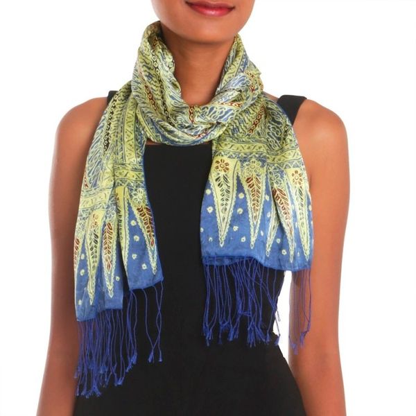 Alternate image for Batik Silk Scarf with Parang Motifs in Chartreuse from Bali Parang Majesty