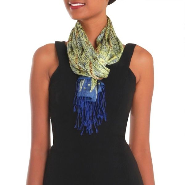 Alternate image for Batik Silk Scarf with Parang Motifs in Chartreuse from Bali Parang Majesty