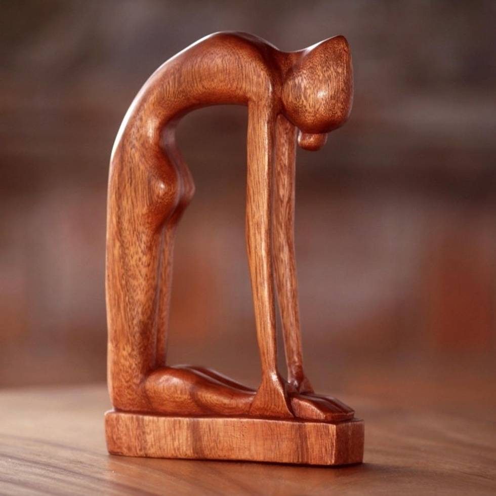 Indonesian Hand-Carved Signed Wood Tabletop Yoga Sculpture 'Camel Pose'