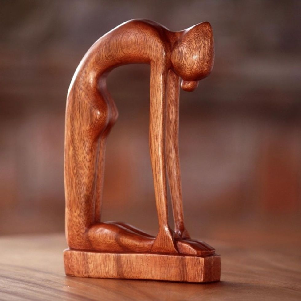 Indonesian Hand-Carved Signed Wood Tabletop Yoga Sculpture 'Camel Pose'