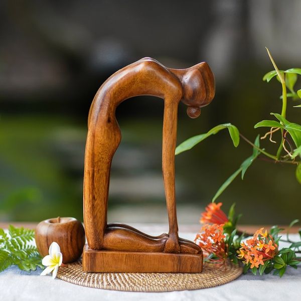 Alternate image for Indonesian Hand-Carved Signed Wood Tabletop Yoga Sculpture Camel Pose