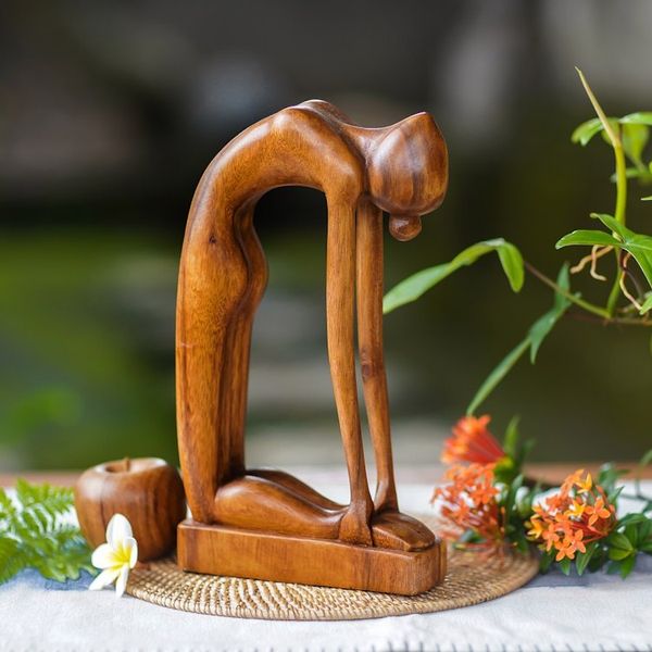 Alternate image for Indonesian Hand-Carved Signed Wood Tabletop Yoga Sculpture Camel Pose