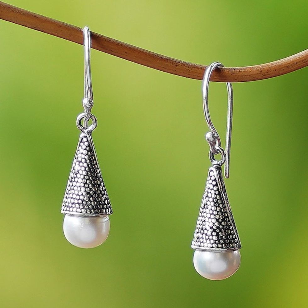 Indonesian Cultured Pearl and Sterling Silver Earrings 'Moonlight Cones'