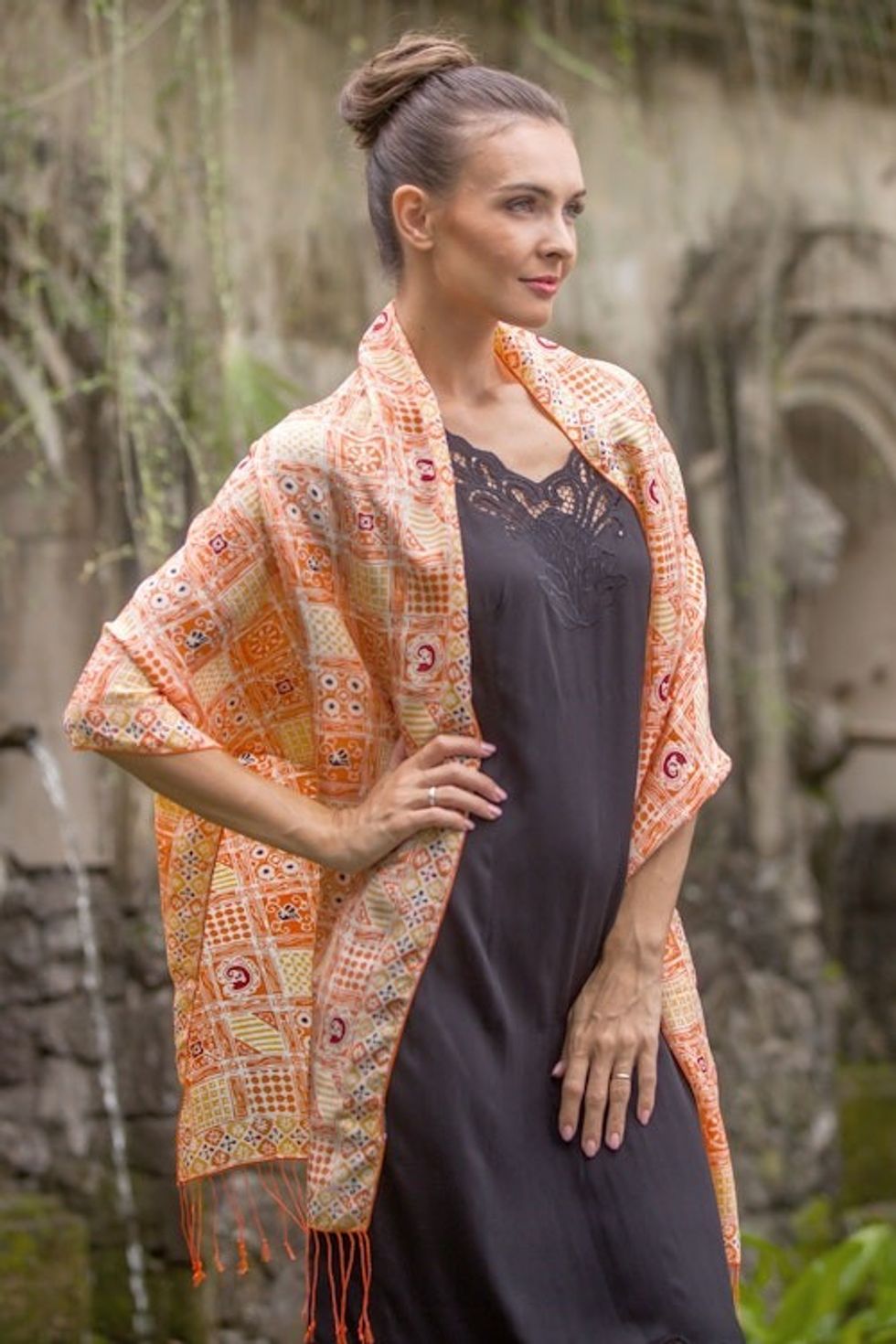 Batik Silk Shawl with Ceplok Motifs in Tangerine from Bali 'Ceplok Temple in Tangerine'