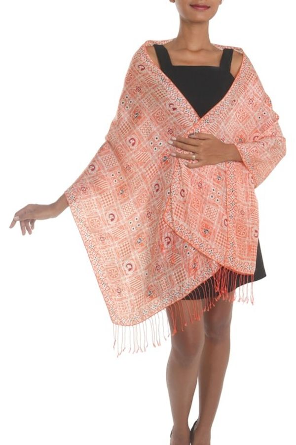 Alternate image for Batik Silk Shawl with Ceplok Motifs in Tangerine from Bali Ceplok Temple in Tangerine