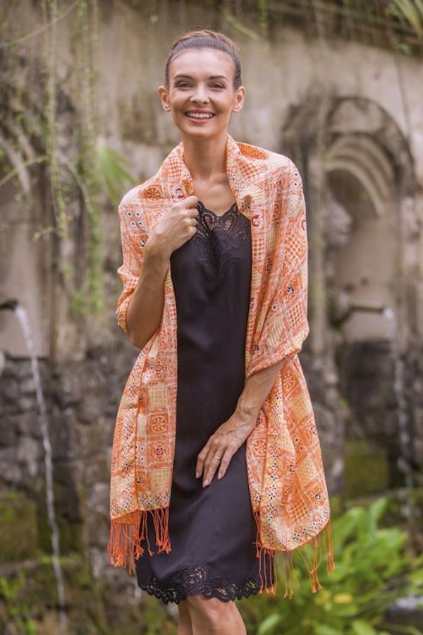 Alternate image for Batik Silk Shawl with Ceplok Motifs in Tangerine from Bali Ceplok Temple in Tangerine