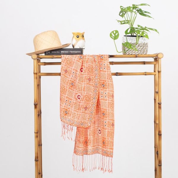 Alternate image for Batik Silk Shawl with Ceplok Motifs in Tangerine from Bali Ceplok Temple in Tangerine