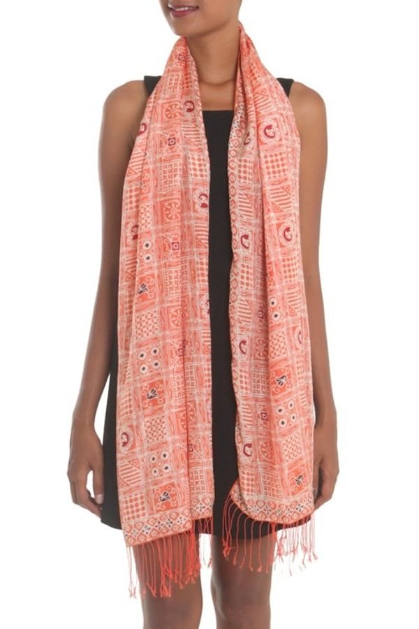 Alternate image for Batik Silk Shawl with Ceplok Motifs in Tangerine from Bali Ceplok Temple in Tangerine
