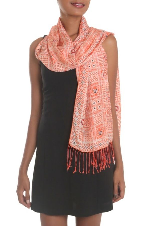 Alternate image for Batik Silk Shawl with Ceplok Motifs in Tangerine from Bali Ceplok Temple in Tangerine
