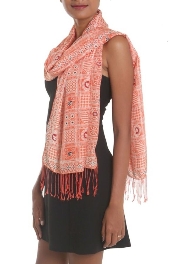 Alternate image for Batik Silk Shawl with Ceplok Motifs in Tangerine from Bali Ceplok Temple in Tangerine
