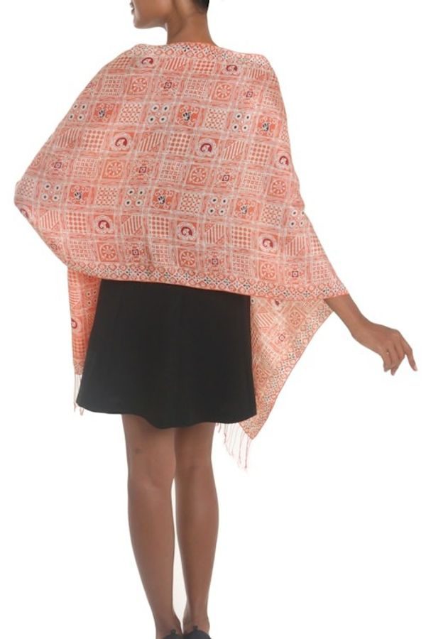 Alternate image for Batik Silk Shawl with Ceplok Motifs in Tangerine from Bali Ceplok Temple in Tangerine