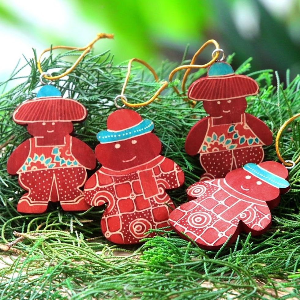 Four Batik Wadang Wood Snowman Ornaments from Java 'Red Snowmen'