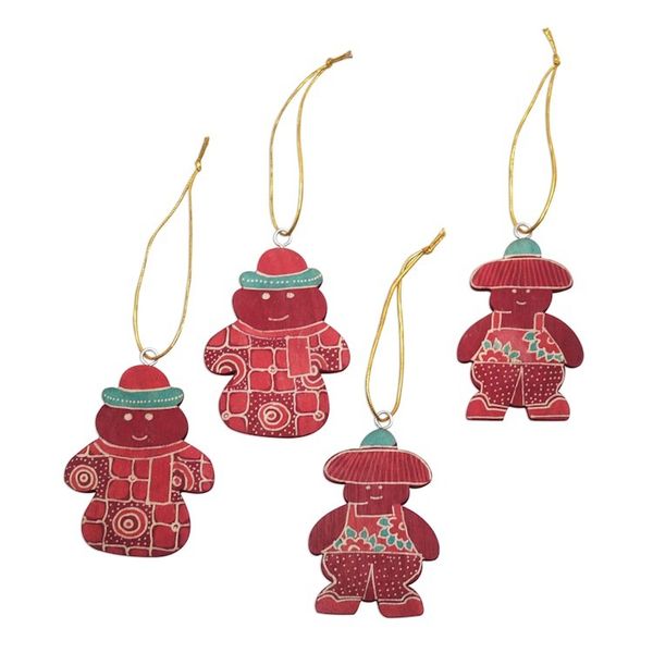Alternate image for Four Batik Wadang Wood Snowman Ornaments from Java Red Snowmen