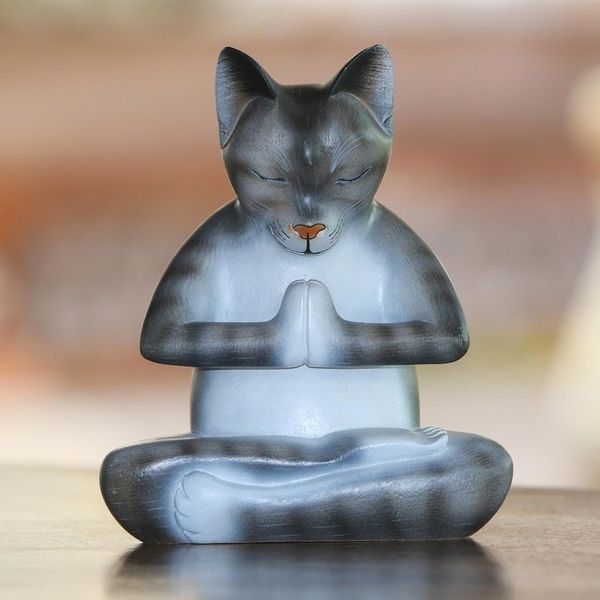 Alternate image for Wood Meditating Cat Sculpture in Grey and White from Bali Meditating Kitty in Grey