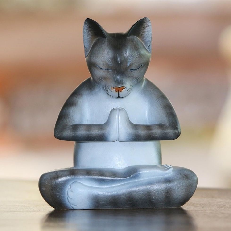 Wood Meditating Cat Sculpture in Grey and White from Bali 'Meditating Kitty in Grey'