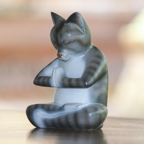 Alternate image for Wood Meditating Cat Sculpture in Grey and White from Bali Meditating Kitty in Grey