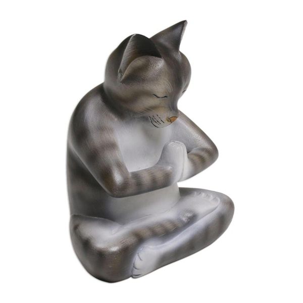 Alternate image for Wood Meditating Cat Sculpture in Grey and White from Bali Meditating Kitty in Grey