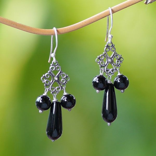 Alternate image for Onyx and Sterling Silver Chandelier Earrings from Indonesia Black Droplets