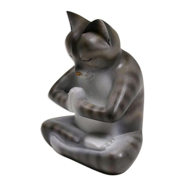 Alternate image for Wood Meditating Cat Sculpture in Grey and White from Bali Meditating Kitty in Grey