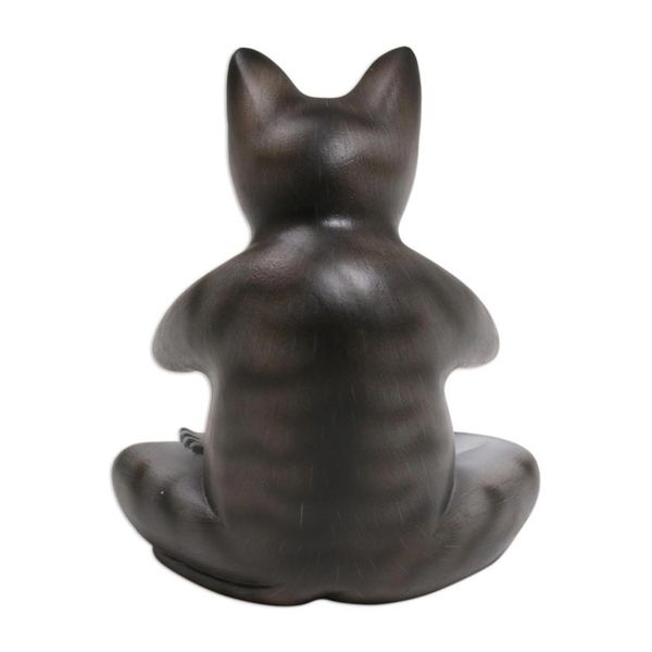 Alternate image for Wood Meditating Cat Sculpture in Grey and White from Bali Meditating Kitty in Grey