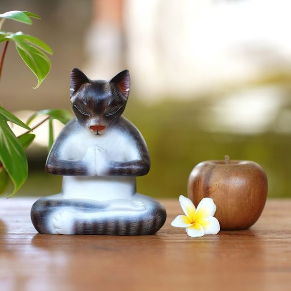 Alternate image for Wood Meditating Cat Sculpture in Grey and White from Bali Meditating Kitty in Grey