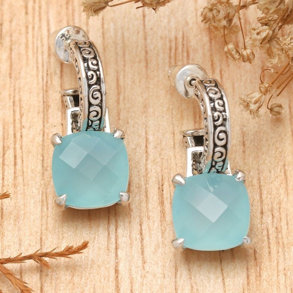 Blue Chalcedony and 925 Silver Dangle Earrings from Bali 'Buddha Hoops'