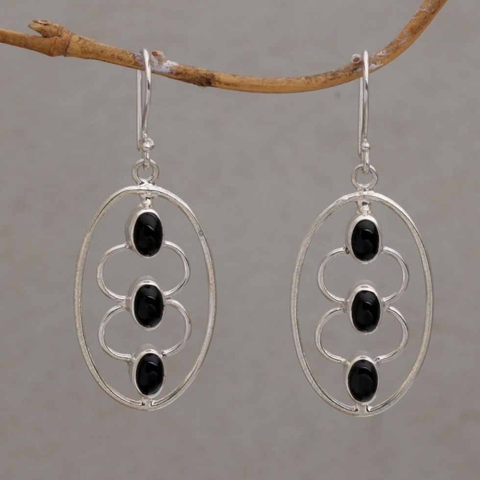 Sterling Silver Oval and Black Onyx Dangle Earrings 'Three Souls'
