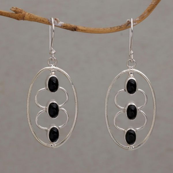 Alternate image for Sterling Silver Oval and Black Onyx Dangle Earrings Three Souls