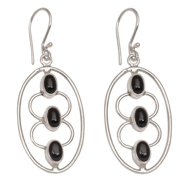 Alternate image for Sterling Silver Oval and Black Onyx Dangle Earrings Three Souls