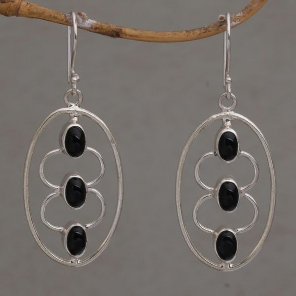 Alternate image for Sterling Silver Oval and Black Onyx Dangle Earrings Three Souls