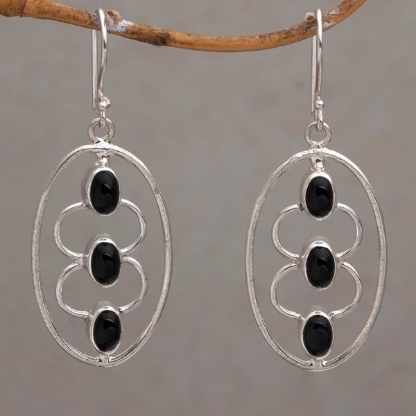 Alternate image for Sterling Silver Oval and Black Onyx Dangle Earrings Three Souls