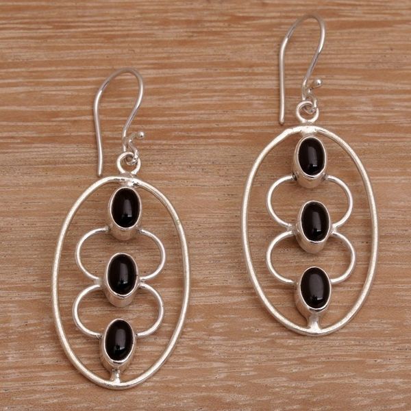 Alternate image for Sterling Silver Oval and Black Onyx Dangle Earrings Three Souls