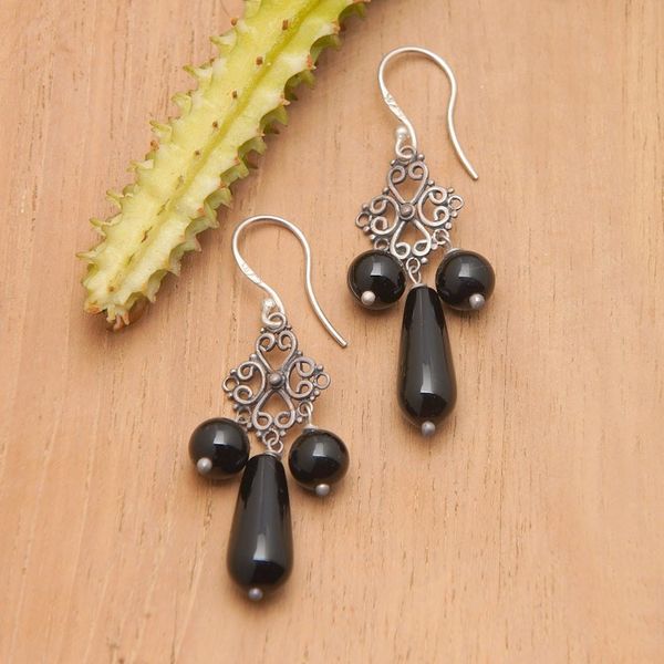 Alternate image for Onyx and Sterling Silver Chandelier Earrings from Indonesia Black Droplets