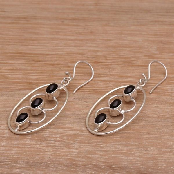 Alternate image for Sterling Silver Oval and Black Onyx Dangle Earrings Three Souls