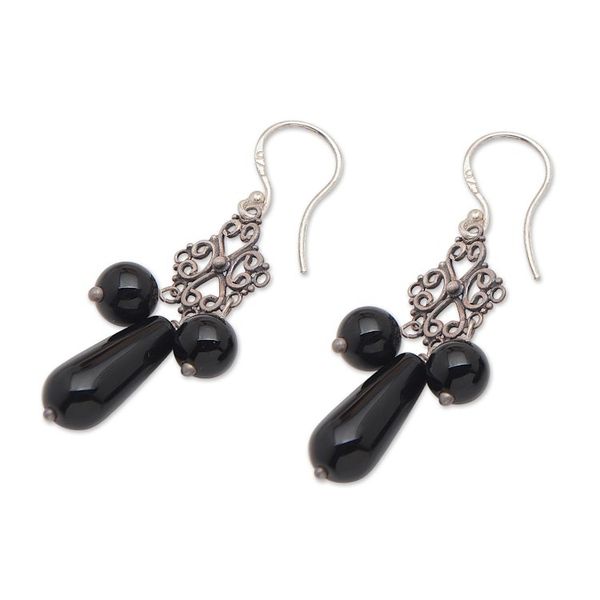 Alternate image for Onyx and Sterling Silver Chandelier Earrings from Indonesia Black Droplets