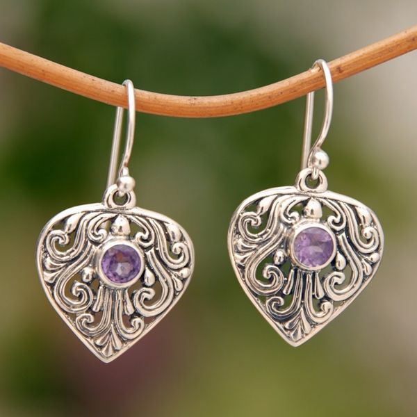 Alternate image for Handmade Amethyst and Sterling Silver Dangle Earrings Crest of Vines