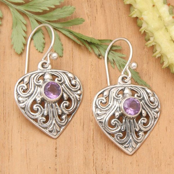 Alternate image for Handmade Amethyst and Sterling Silver Dangle Earrings Crest of Vines
