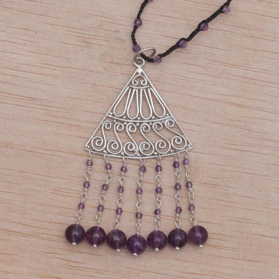 Amethyst and Black Cord Pendant Necklace Handmade in Bali 'Rise and Fall in Black'