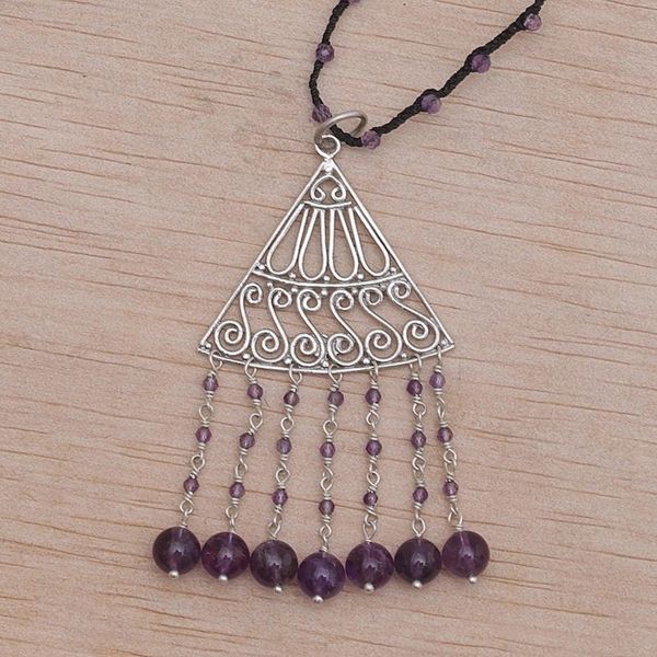 Alternate image for Amethyst and Black Cord Pendant Necklace Handmade in Bali Rise and Fall in Black
