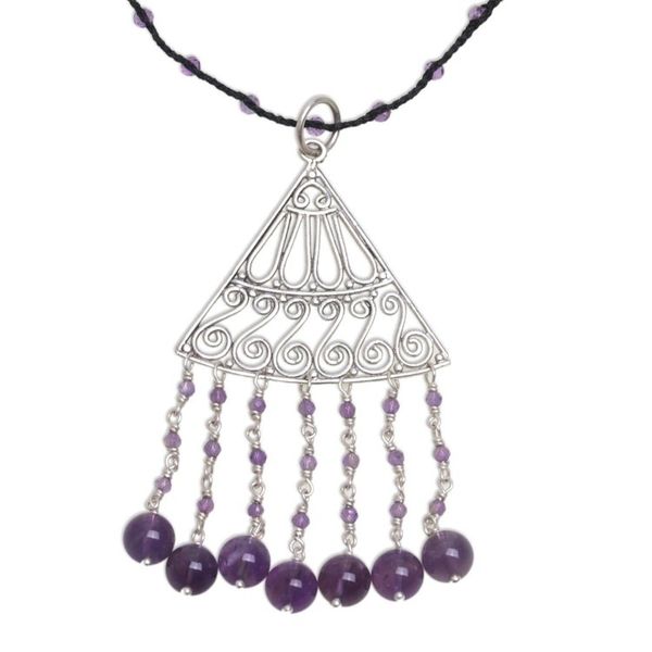 Alternate image for Amethyst and Black Cord Pendant Necklace Handmade in Bali Rise and Fall in Black