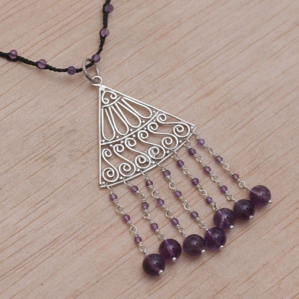 Alternate image for Amethyst and Black Cord Pendant Necklace Handmade in Bali Rise and Fall in Black