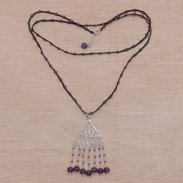 Alternate image for Amethyst and Black Cord Pendant Necklace Handmade in Bali Rise and Fall in Black