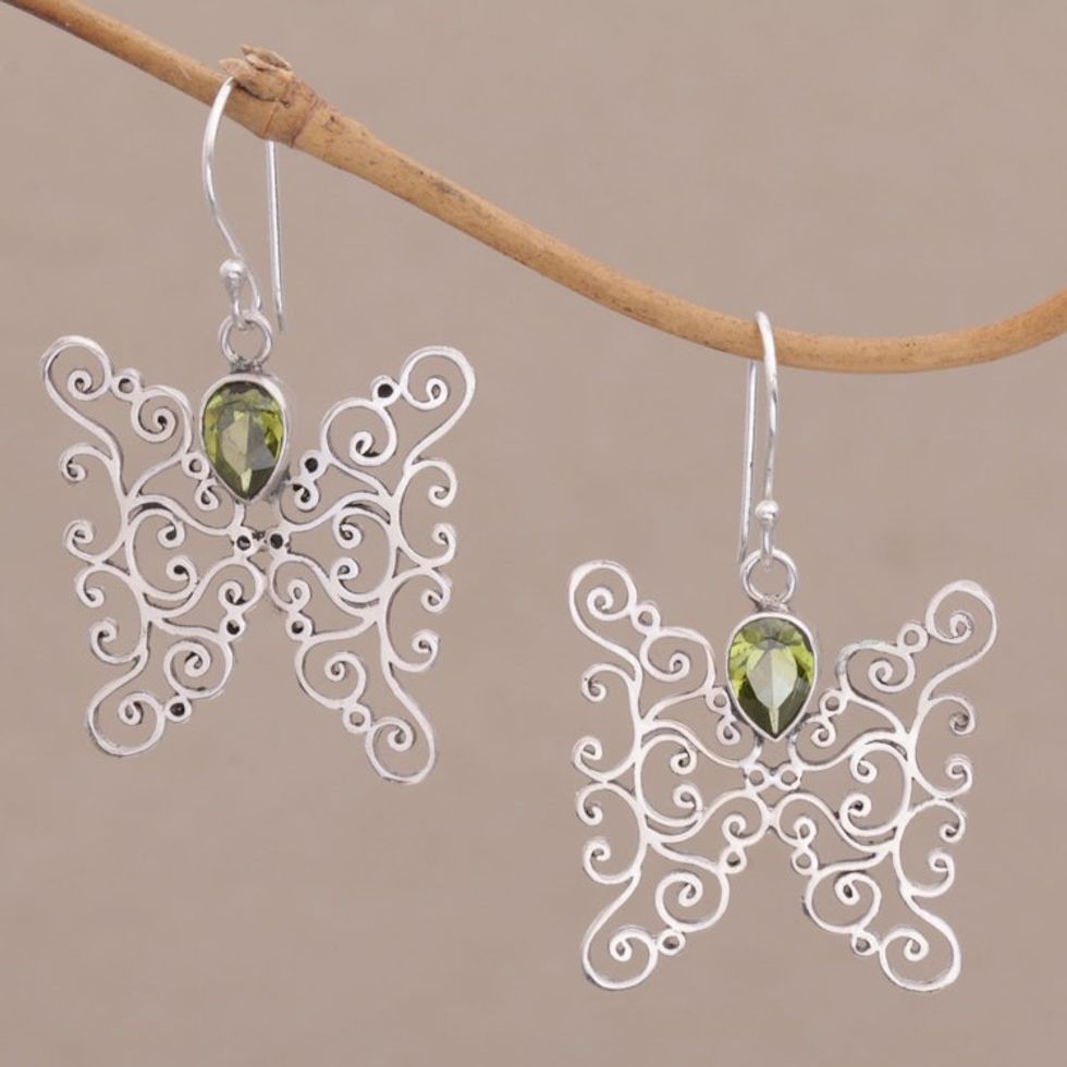 Peridot and Sterling Silver Butterfly Earrings from Bali 'Butterfly Swirls in Green'