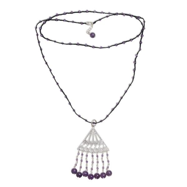 Alternate image for Amethyst and Black Cord Pendant Necklace Handmade in Bali Rise and Fall in Black