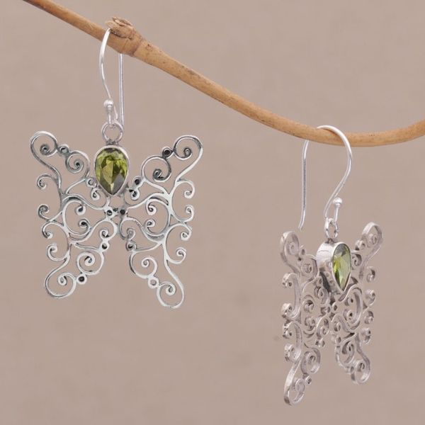 Alternate image for Peridot and Sterling Silver Butterfly Earrings from Bali Butterfly Swirls in Green