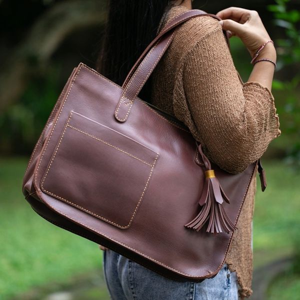 Alternate image for Handmade Dark Brown Leather Tote Shoulder Bag City Lines
