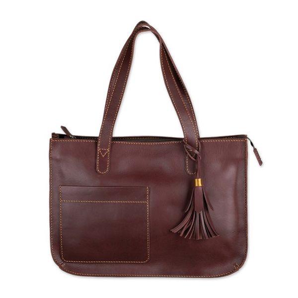Alternate image for Handmade Dark Brown Leather Tote Shoulder Bag City Lines