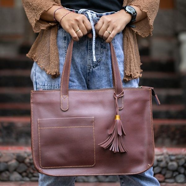 Alternate image for Handmade Dark Brown Leather Tote Shoulder Bag City Lines